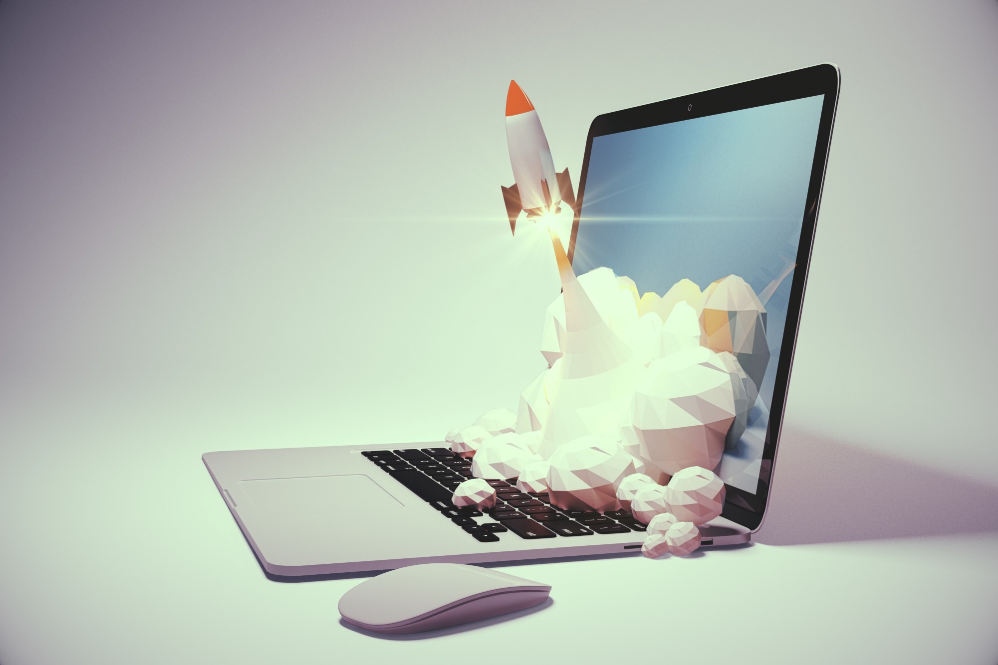 graphic of a space rocket taking off from a laptop screen